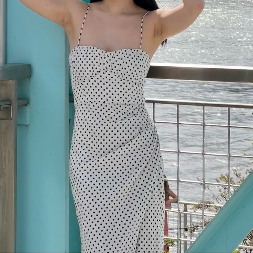 vintage Zara black and white spotted dress that is fitted perfectly